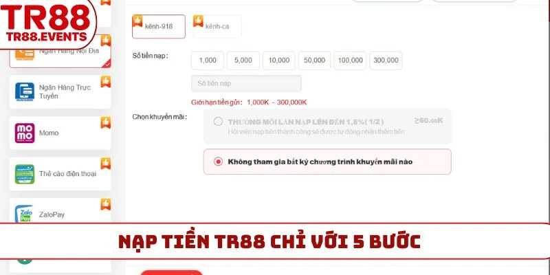 Nạp tiền TR88 chỉ với 5 bước